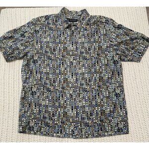 Jhane Barnes Men's Multicolor Geometric Button-Up Shirt Short Sleeve L 100% silk